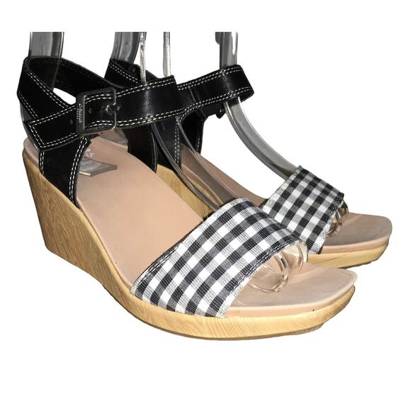Dr Scholl’s Glimmer Black Gingham Sandal Strappy Wedge Womens 7.5 - Picture 1 of 9